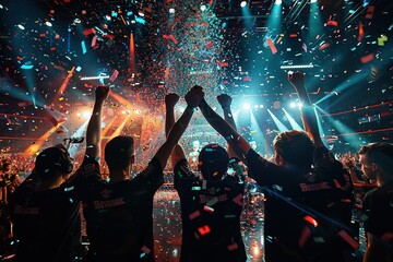An e-sports team, celebrating a victory in front of a cheering crowd