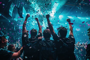An e-sports team, celebrating a victory in front of a cheering crowd