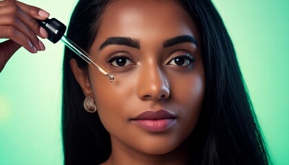 Obraz premium Beautiful Woman holding a Pipette with Skincare Serum - Applying Serum to her Face - Hyaluronic Acid, Anti Aging, Moisturiser, Repair, Hydrating, Vitamin, Ascorbic, Retinol, Exfoliant, Azelaic