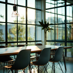 Modern office meeting room with large windows