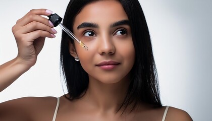 Obraz premium Beautiful Woman holding a Pipette with Skincare Serum - Applying Serum to her Face - Hyaluronic Acid, Anti Aging, Moisturiser, Repair, Hydrating, Vitamin, Ascorbic, Retinol, Exfoliant, Azelaic