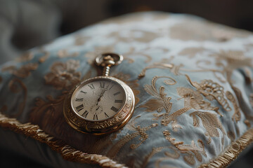 Timeless pocket watch resting on a velvet cushion in an ornate, vintage setting, evoking nostalgia...