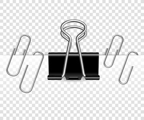 Vector metal paper clip isolated on transparent background. Realistic paper holder.