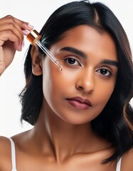 Obraz premium Beautiful Woman holding a Pipette with Skincare Serum - Applying Serum to her Face - Hyaluronic Acid, Anti Aging, Moisturiser, Repair, Hydrating, Vitamin, Ascorbic, Retinol, Exfoliant, Azelaic