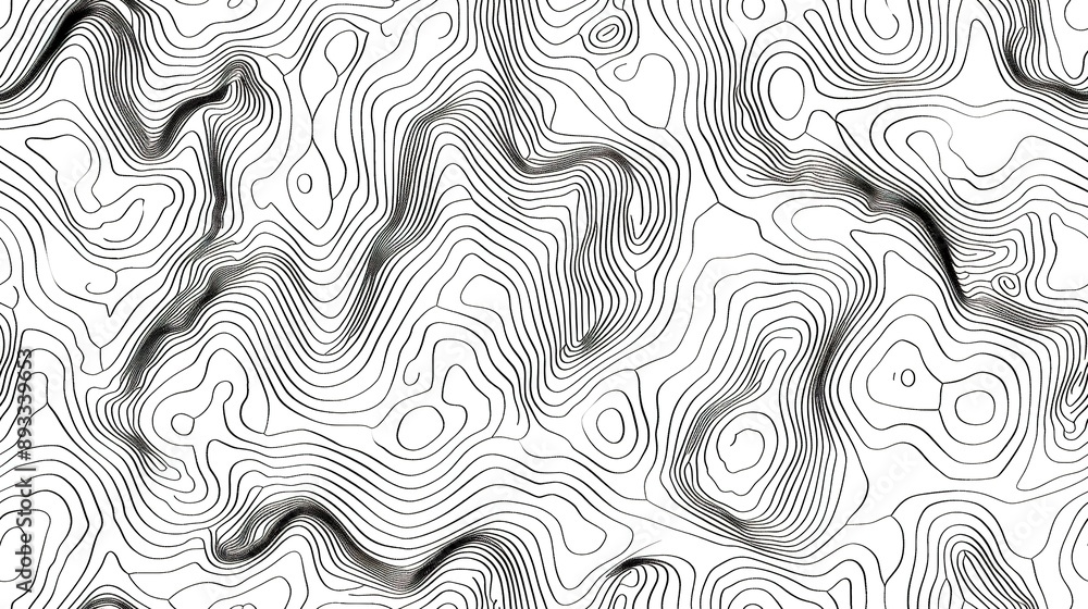 Poster abstract topographic line pattern on white background with geographical map texture.
