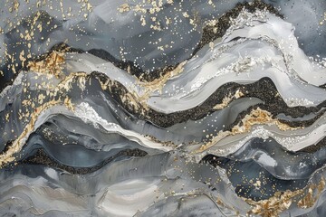 Fototapeta premium An abstract painting with swirling shades of gray and gold with a glittery texture