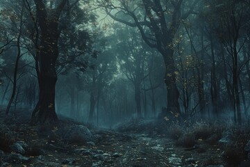 Fototapeta premium Dark and spooky path winding through a foggy forest at night