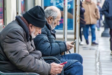 Two senior men sitting on bench using smartphones