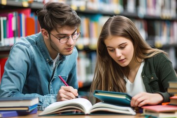 Two focused college students studying together in the library