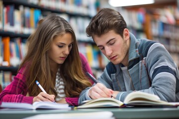 Focused students taking notes and studying together in the library