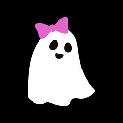 Cute ghost with a pink bow. Happy halloween funny scary character, spooky expression creature. Holiday print. Mystery creative vector clipart