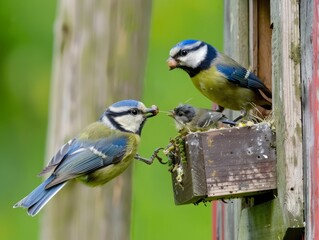 Obraz premium Feeding Time: A Blue Tit's Sustenance for Young Hatchlings in a British Back Garden