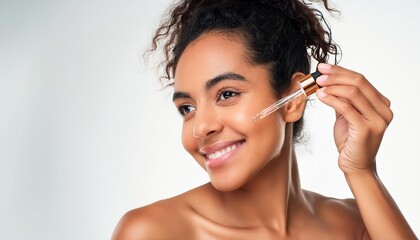 Fototapeta premium Beautiful Woman holding a Pipette with Skincare Serum - Applying Serum to her Face - Hyaluronic Acid, Anti Aging, Moisturiser, Repair, Hydrating, Vitamin, Ascorbic, Retinol, Exfoliant, Azelaic