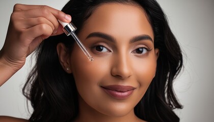 Obraz premium Beautiful Woman holding a Pipette with Skincare Serum - Applying Serum to her Face - Hyaluronic Acid, Anti Aging, Moisturiser, Repair, Hydrating, Vitamin, Ascorbic, Retinol, Exfoliant, Azelaic