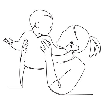 mom anOne continuous single drawn line art doodle mom, love, child, baby, parent, mother, kid, family. Isolated hand-drawn outline image on white background.d baby talk play