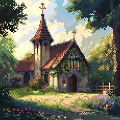 Charming pixel art chapel surrounded by lush greenery with sunlight streaming through the trees, creating a peaceful atmosphere.