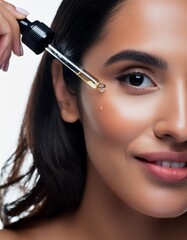 Obraz premium Beautiful Woman holding a Pipette with Skincare Serum - Applying Serum to her Face - Hyaluronic Acid, Anti Aging, Moisturiser, Repair, Hydrating, Vitamin, Ascorbic, Retinol, Exfoliant, Azelaic