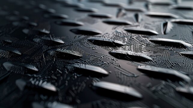 Detailed macro shot of sleek textured charcoal metal diamond pattern. 