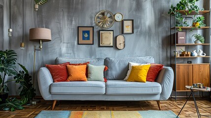 Retro style in beautiful living room interior with grey wall 