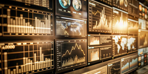 Wall of Monitors with Financial Data and Charts. A high-tech monitoring room with multiple screens displaying real-time financial data, charts, graphs, and world maps. 