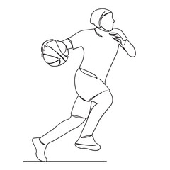 Fototapeta premium One continuous single drawn line art doodle girl, ball, sport, vector, basketball, woman, game, muslim. Isolated hand-drawn outline image on white background.