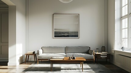 Modern minimalistic living room with cozy gray sofa