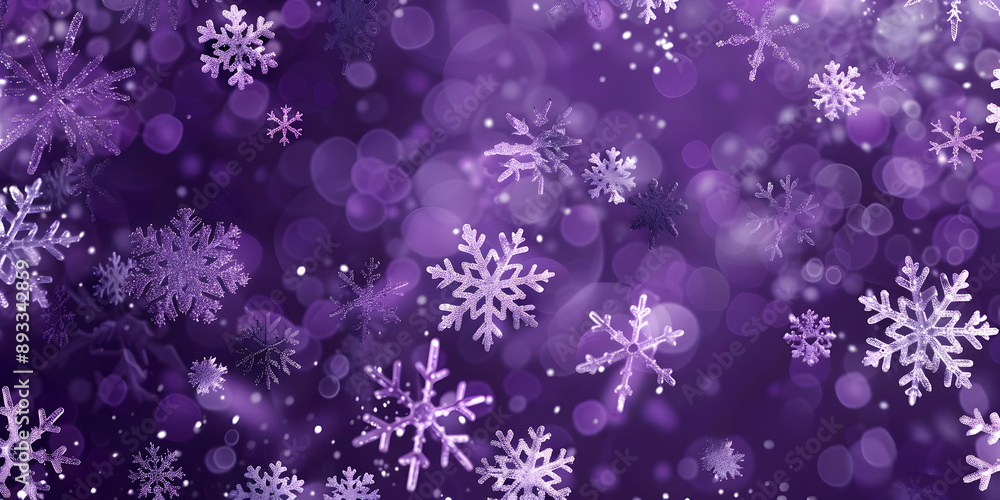 Poster purple background with floating white snowflakes and bokeh light effect, creating a magical and fest
