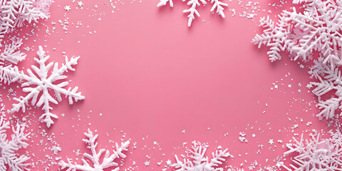 Pink festive background with white snowflakes. Perfect for holiday themes, winter promotions, and seasonal decorations.