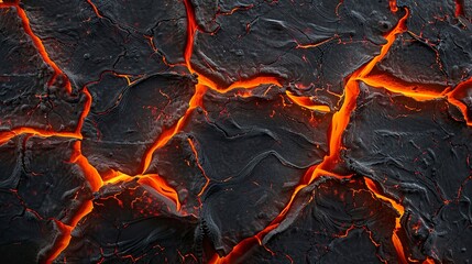 Lava texture background. Hot glowing lava closeup background, black orange heat design, top view. Abstract background of extinct lava with red gaps.