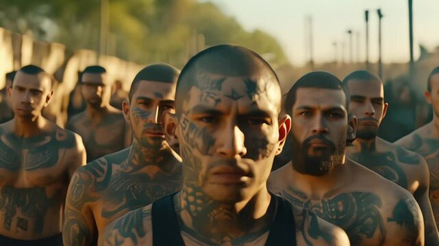 the leader of a Latin American gang with tattoos on his face and body stands at the head of his gang behind them, concept: criminal tattoos, Latin and Mexican gangs