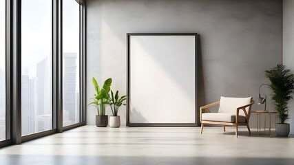 An empty poster frame in a modern office interior, on a concrete wall, with natural light from windows, concept of advertising space