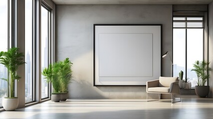 An empty poster frame in a modern office interior, on a concrete wall, with natural light from windows, concept of advertising space