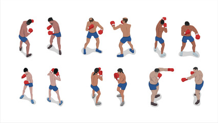 isometric set of man people practice boxing and punching pose activity