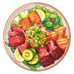Top view of Poke in a cartoon style on white background