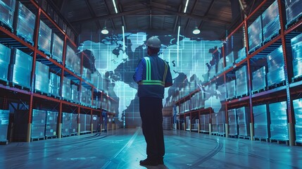 Worker in a warehouse with a holographic world map showcasing logistics, distribution, and strategic planning for global operations