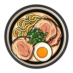 Top view of Tonkotsu ramen in a cartoon style on white background