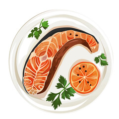 Top view of salmon steak dish in a cartoon style on white background