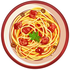 Top view of spaghetti carbonara dish in a cartoon style on white background