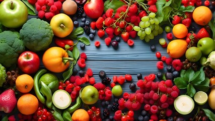 Background of vegetables, fruits and berries. Top view of organic plant products for healthy eating. Bright colorful illustration that awakens your appetite. Illustration for cover or interior design.