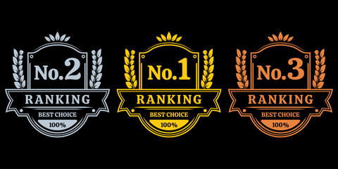 Ranking award icon set with No. 1,2,3 ranks. First, second and third place emblem with laurel wreath. Best choice labels. Vector illustration.