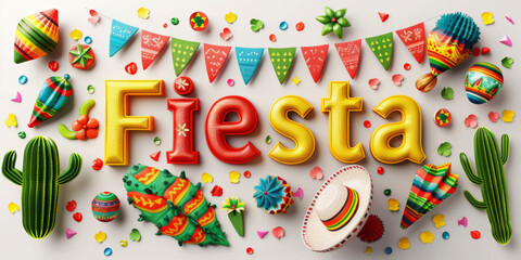 Cartoon Fiesta balloon text with colorful decorations and cacti on bright background