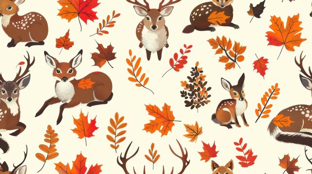 Charming Autumn Woodland seamelss Pattern: Forest Animals and Leaves