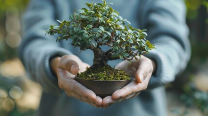 Hands holding bonsai plant