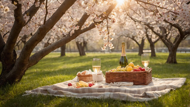 Picnic basket with food and champagne on green grass in spring park with blooming cherry trees. Romantic picnic on blanket