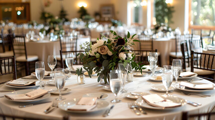 Elegant wedding reception with beautifully set tables, floral arrangements, and joyful guests, capturing celebration and sophistication.


