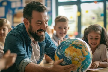 Enlightening Geography Lesson: Educator Engaging Students with a Globe in Classroom Setting