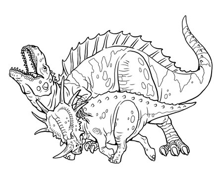 Fight between two dinosaurs. Styracosaurus fighting with the predatory dinosaur - acrocanthosaurus. Coloring page with prehistoric animals.