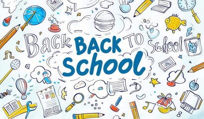 Creative "BACK TO School" doodle with school elements, cloud-shaped text.