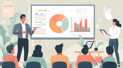 Energetic business presentation with a confident speaker, attentive audience, and modern visuals, showcasing professionalism and communication.


