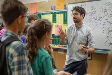 Engaging Math Lesson: Teacher Demonstrating Problem on Whiteboard with Attentive Students Learning Together Realistic Classroom Scene